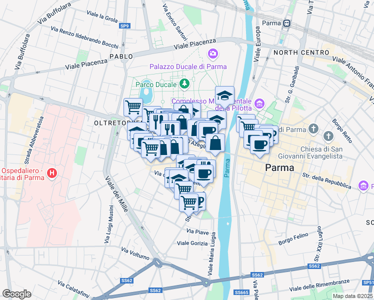map of restaurants, bars, coffee shops, grocery stores, and more near 37a Borgo Marodolo in Parma