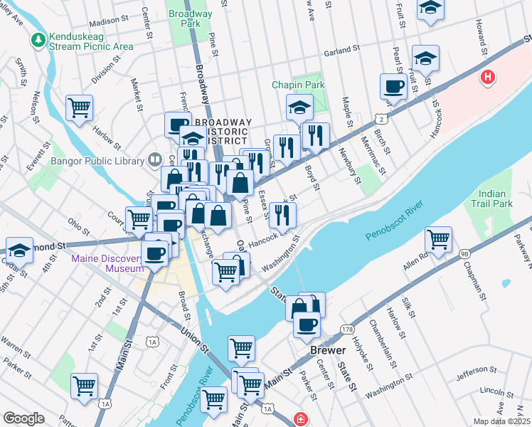 map of restaurants, bars, coffee shops, grocery stores, and more near York Street in Bangor