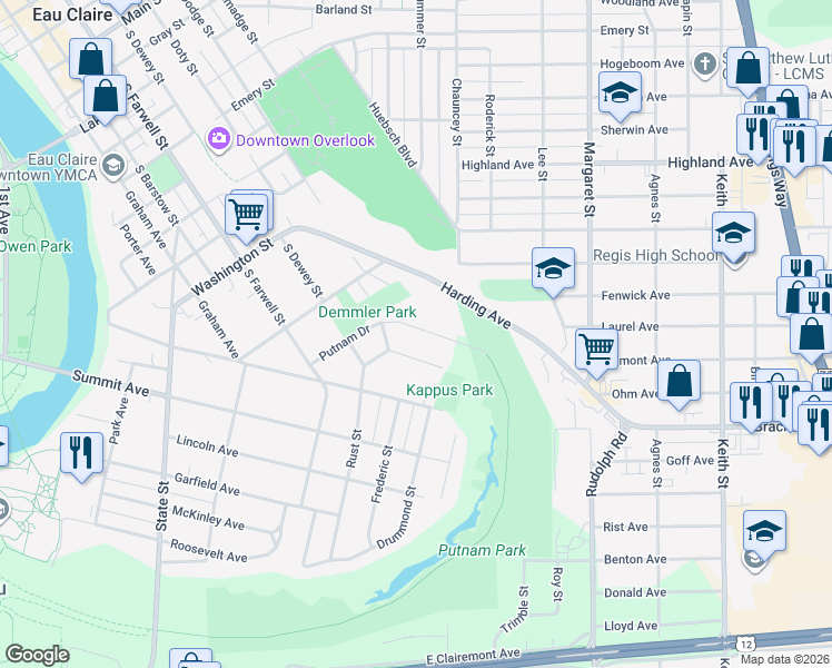 map of restaurants, bars, coffee shops, grocery stores, and more near 627 Putnam Drive in Eau Claire