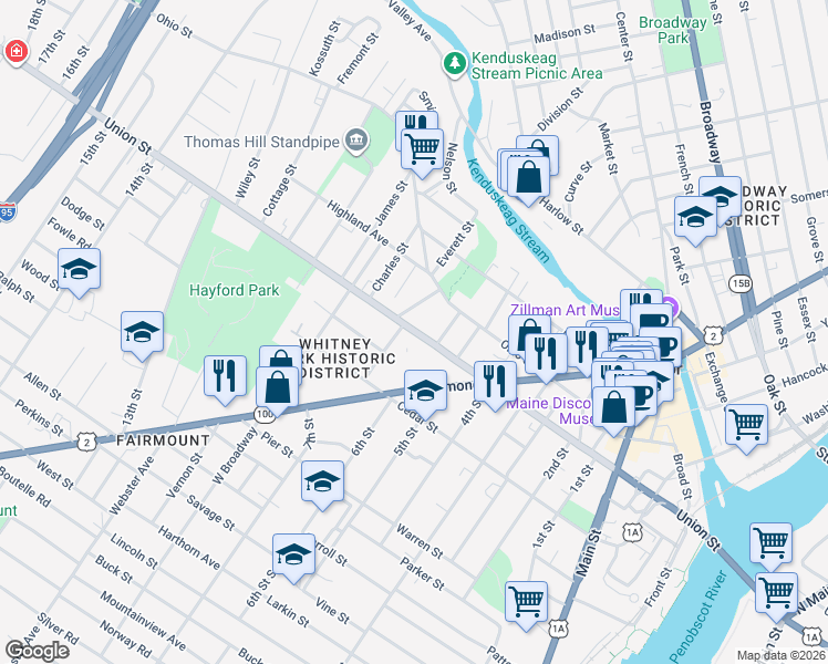 map of restaurants, bars, coffee shops, grocery stores, and more near 40 Pond Street in Bangor