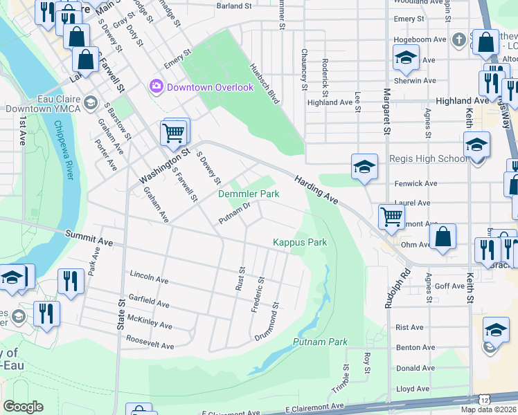 map of restaurants, bars, coffee shops, grocery stores, and more near 517 Ripley Avenue in Eau Claire