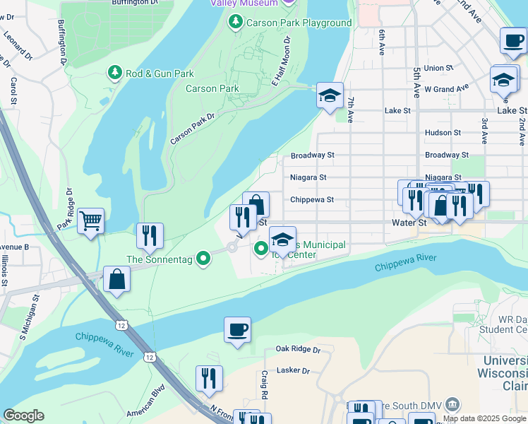 map of restaurants, bars, coffee shops, grocery stores, and more near in Eau Claire