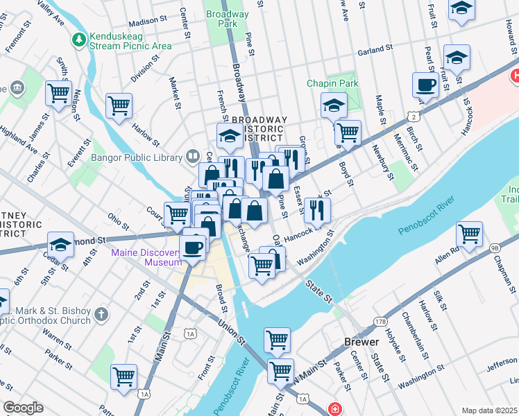 map of restaurants, bars, coffee shops, grocery stores, and more near 10 Broadway in Bangor