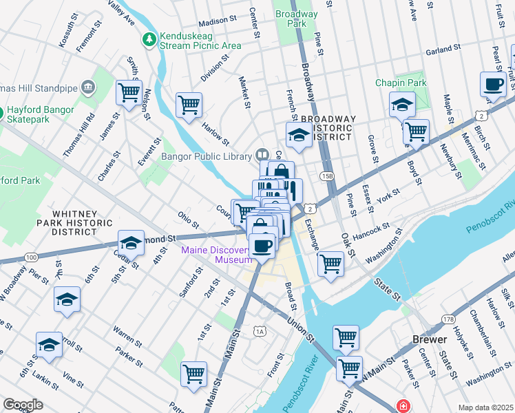map of restaurants, bars, coffee shops, grocery stores, and more near Franklin Street in Bangor