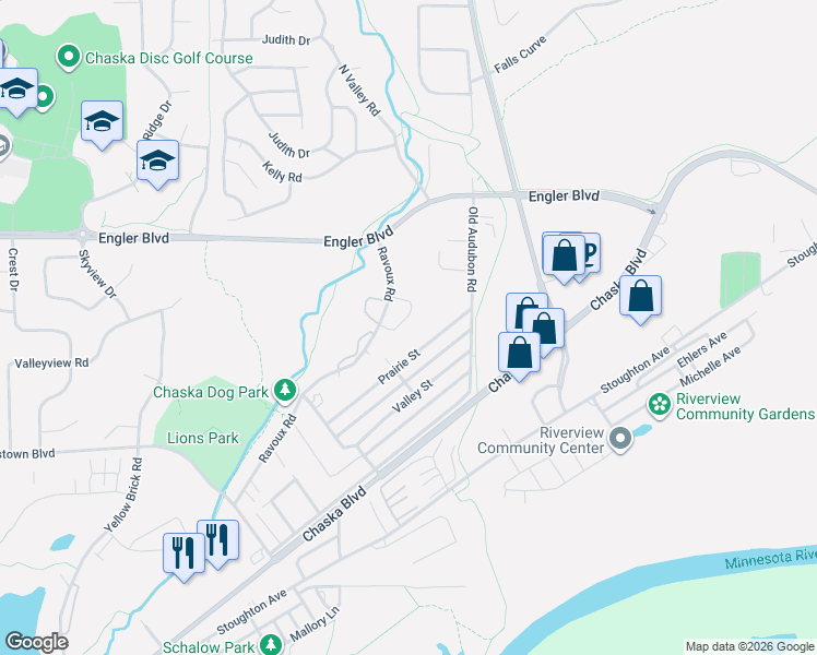 map of restaurants, bars, coffee shops, grocery stores, and more near 1321 Prairie Street in Chaska