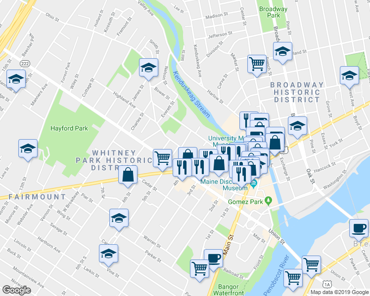 map of restaurants, bars, coffee shops, grocery stores, and more near 57 Ohio Street in Bangor
