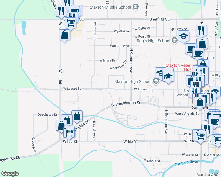 map of restaurants, bars, coffee shops, grocery stores, and more near 1344 West Locust Street in Stayton