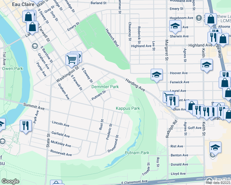 map of restaurants, bars, coffee shops, grocery stores, and more near 640 Ripley Avenue in Eau Claire
