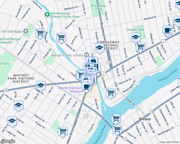 map of restaurants, bars, coffee shops, grocery stores, and more near Central Street in Bangor