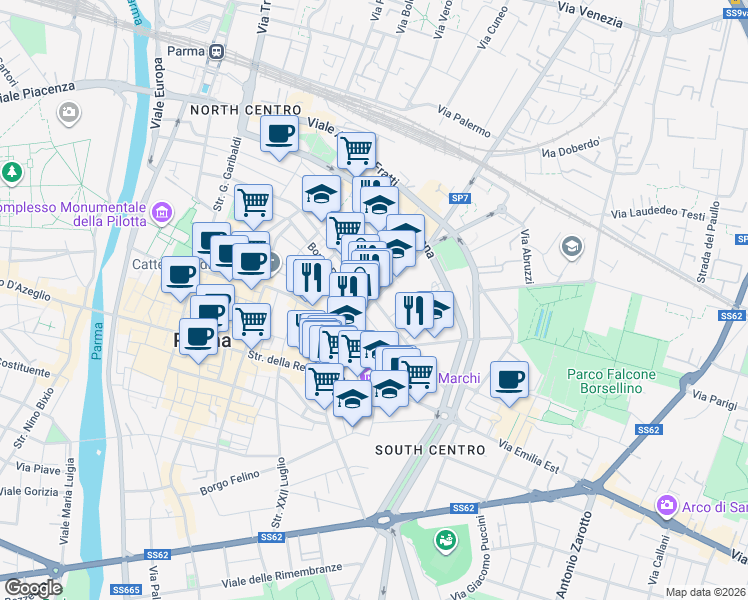 map of restaurants, bars, coffee shops, grocery stores, and more near 9 Via Corso Corsi in Parma