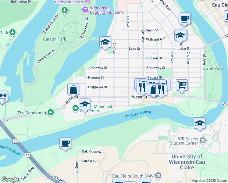 map of restaurants, bars, coffee shops, grocery stores, and more near 633 Water Street in Eau Claire