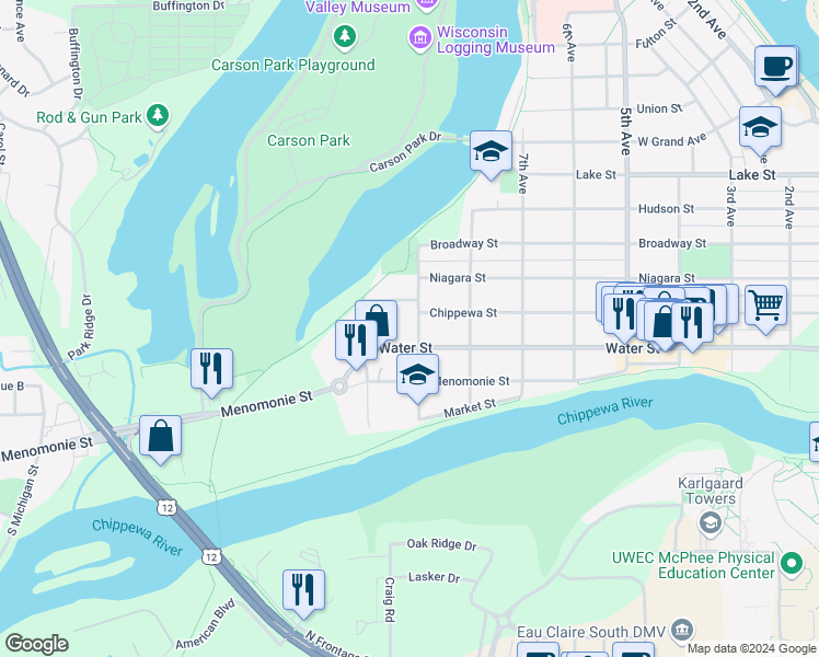 map of restaurants, bars, coffee shops, grocery stores, and more near 908 Water Street in Eau Claire