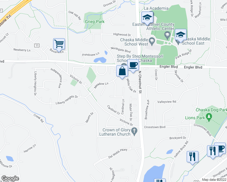 map of restaurants, bars, coffee shops, grocery stores, and more near 1458 Cardinal Lane in Chaska
