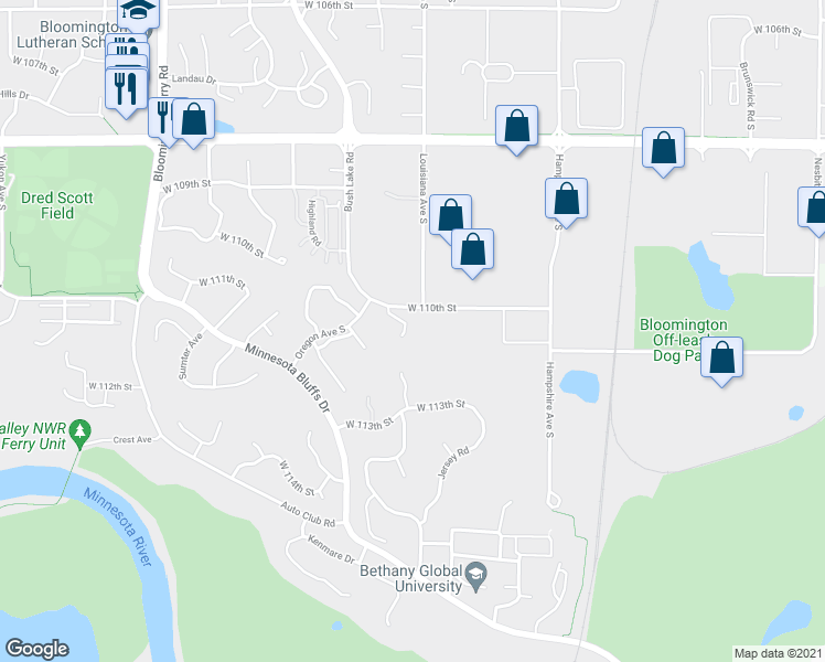 map of restaurants, bars, coffee shops, grocery stores, and more near 7017 West 110th Street Circle in Minneapolis