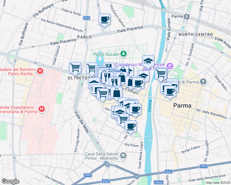 map of restaurants, bars, coffee shops, grocery stores, and more near 11 Strada Giovanni Inzani in Parma