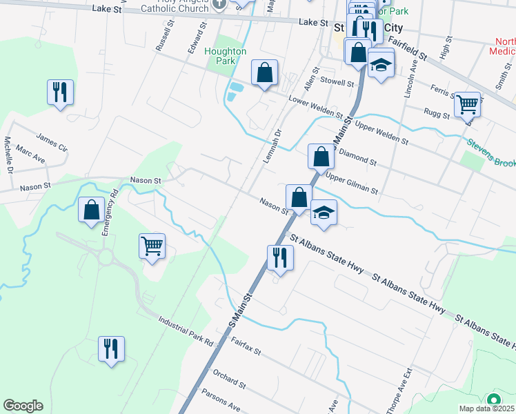 map of restaurants, bars, coffee shops, grocery stores, and more near 22 Nason Street in Saint Albans City