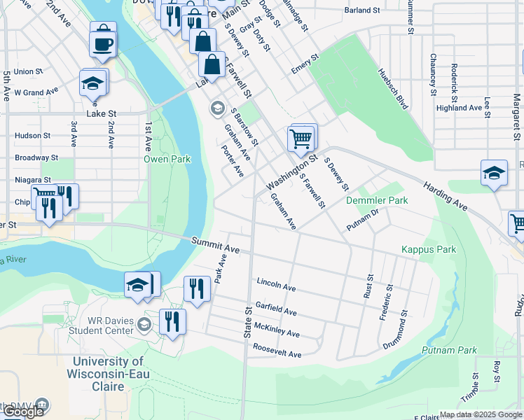map of restaurants, bars, coffee shops, grocery stores, and more near 111 Washington Street in Eau Claire