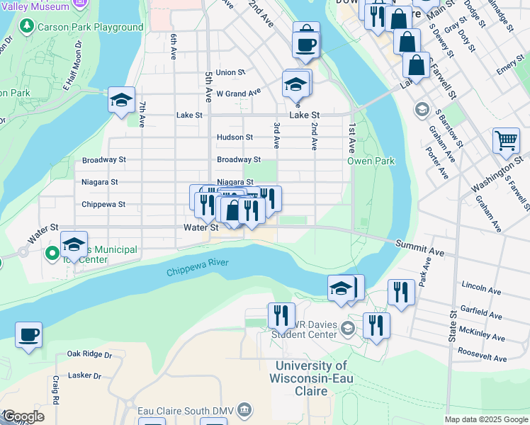 map of restaurants, bars, coffee shops, grocery stores, and more near 308 Chippewa Street in Eau Claire