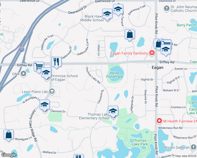 map of restaurants, bars, coffee shops, grocery stores, and more near 4242 Boulder Ridge Point in Eagan