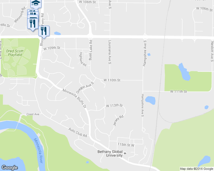 map of restaurants, bars, coffee shops, grocery stores, and more near 7017 West 110th Street Circle in Minneapolis