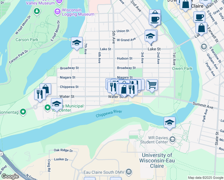 map of restaurants, bars, coffee shops, grocery stores, and more near 216 5th Avenue in Eau Claire