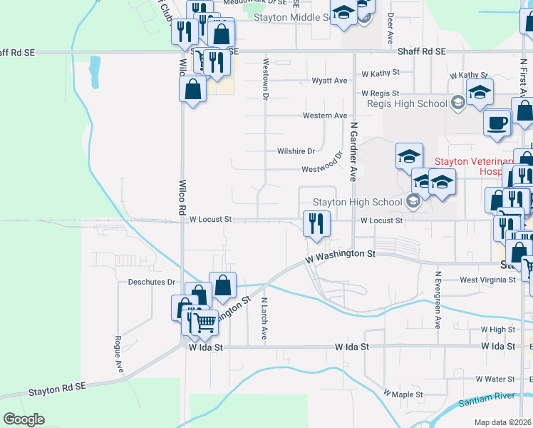 map of restaurants, bars, coffee shops, grocery stores, and more near 1467 West Locust Street in Stayton
