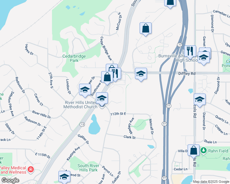 map of restaurants, bars, coffee shops, grocery stores, and more near 11111 River Hills Drive in Burnsville