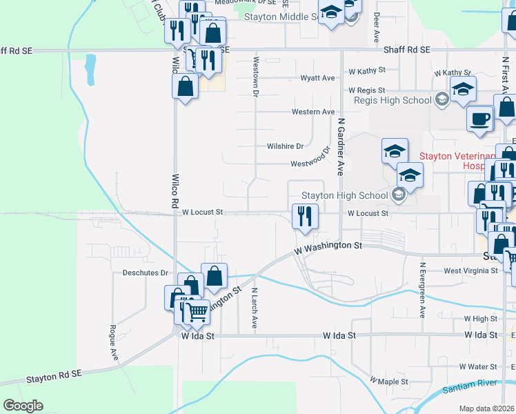 map of restaurants, bars, coffee shops, grocery stores, and more near 1467 West Locust Street in Stayton