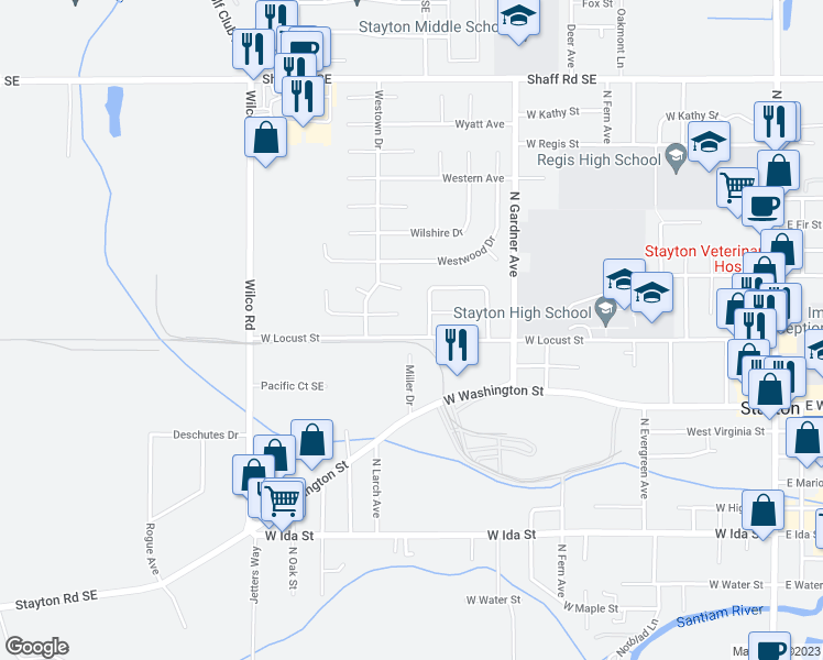 map of restaurants, bars, coffee shops, grocery stores, and more near 1401 West Locust Street in Stayton