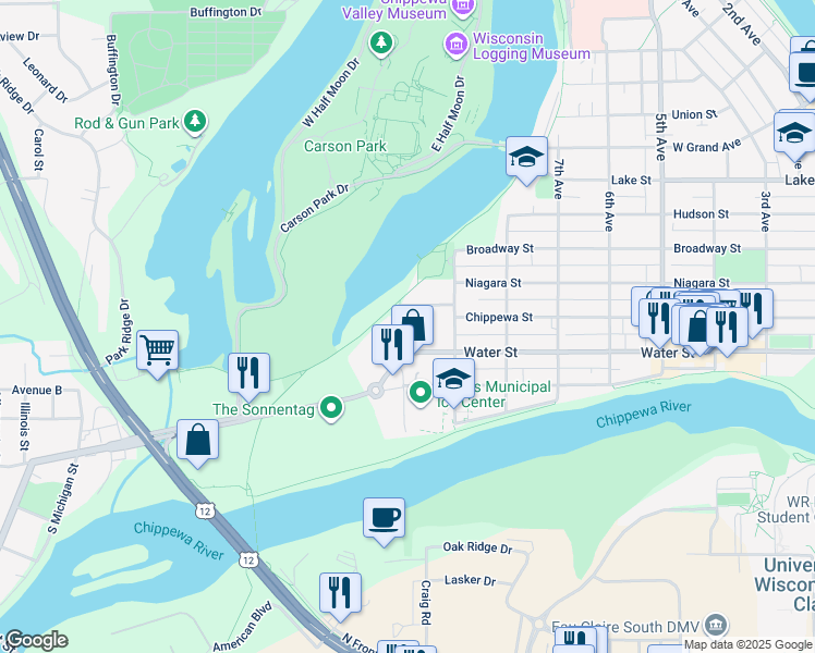 map of restaurants, bars, coffee shops, grocery stores, and more near 221 10th Avenue in Eau Claire