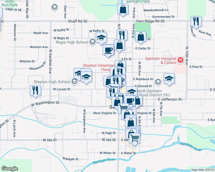 map of restaurants, bars, coffee shops, grocery stores, and more near 1215-1217 Birch Court in Stayton