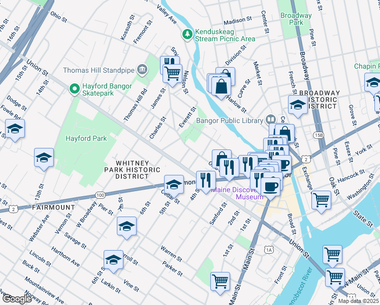 map of restaurants, bars, coffee shops, grocery stores, and more near 75 Ohio Street in Bangor