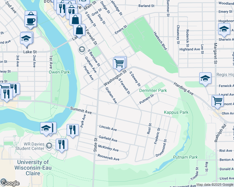 map of restaurants, bars, coffee shops, grocery stores, and more near 304 Marston Court in Eau Claire