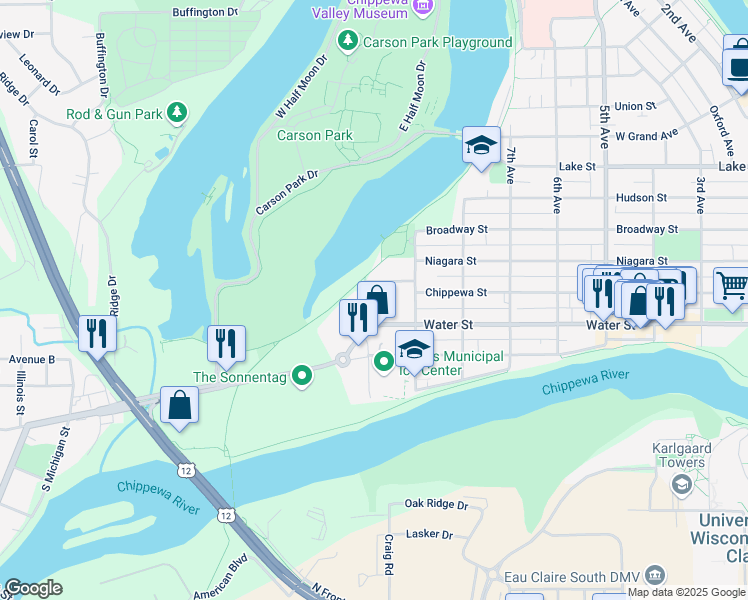 map of restaurants, bars, coffee shops, grocery stores, and more near 930 Lakeside Avenue in Eau Claire