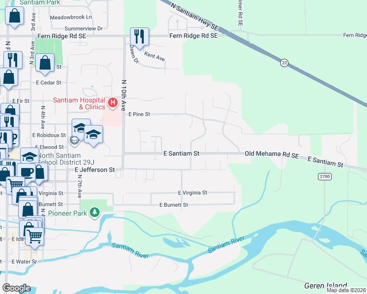 map of restaurants, bars, coffee shops, grocery stores, and more near 1495 East Santiam Street in Stayton