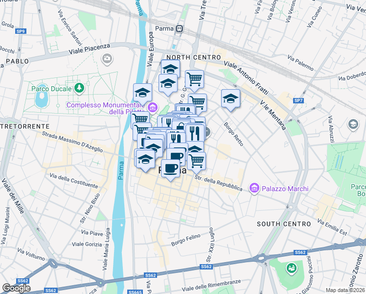 map of restaurants, bars, coffee shops, grocery stores, and more near 8a Vicolo Vescovado in Parma