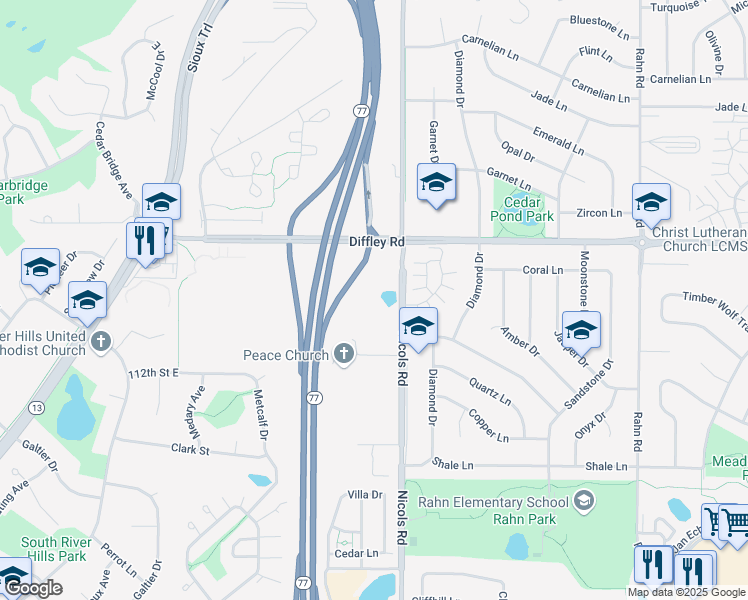 map of restaurants, bars, coffee shops, grocery stores, and more near 4265 Nicols Road in Eagan