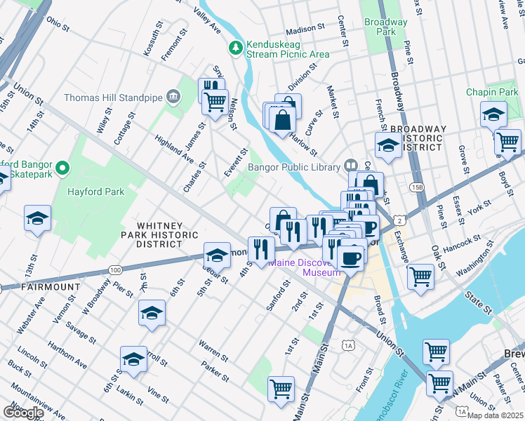 map of restaurants, bars, coffee shops, grocery stores, and more near 75 Ohio Street in Bangor