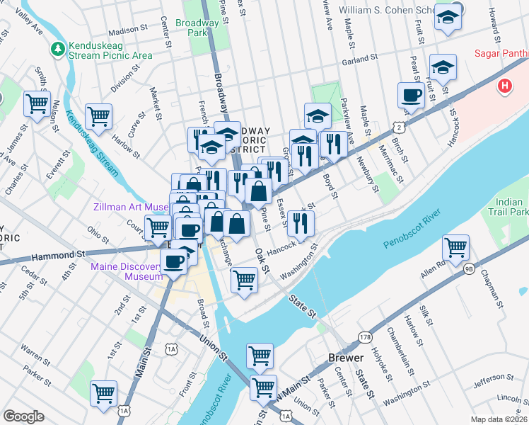 map of restaurants, bars, coffee shops, grocery stores, and more near 67 Pine Street in Bangor