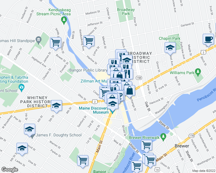 map of restaurants, bars, coffee shops, grocery stores, and more near 112 Franklin Street in Bangor