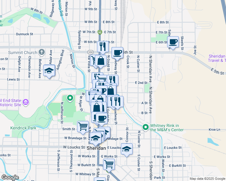 map of restaurants, bars, coffee shops, grocery stores, and more near 534 North Gould Street in Sheridan