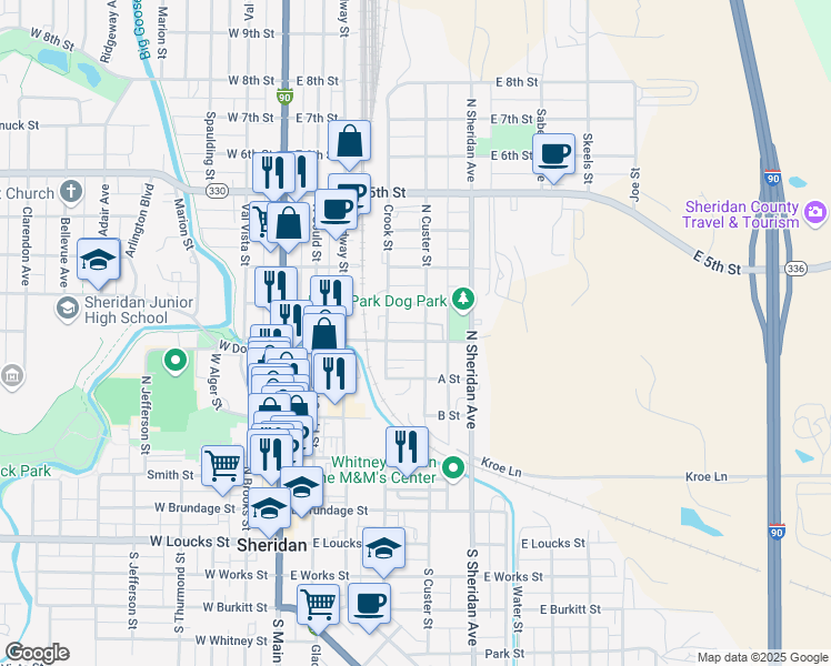 map of restaurants, bars, coffee shops, grocery stores, and more near 553 North Custer Street in Sheridan
