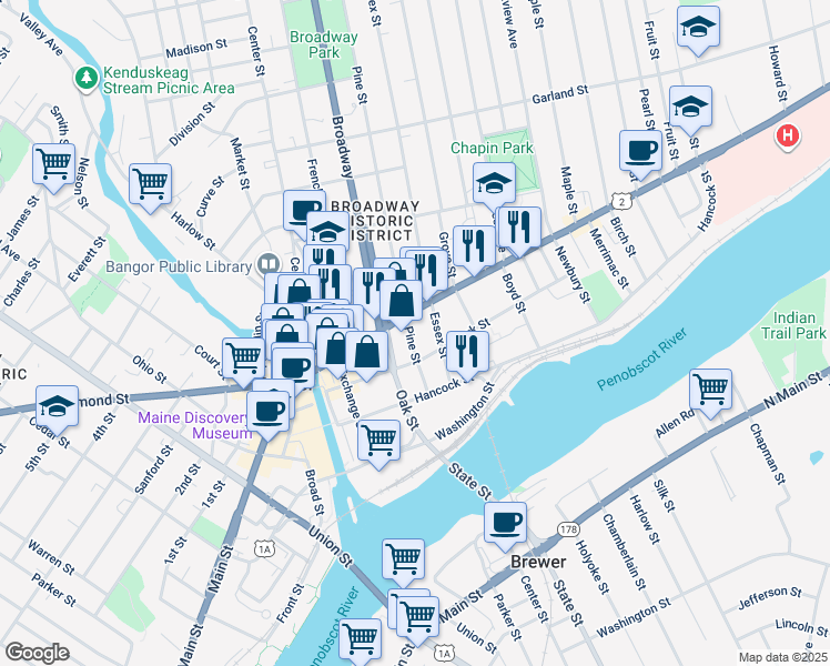 map of restaurants, bars, coffee shops, grocery stores, and more near 113 State Street in Bangor