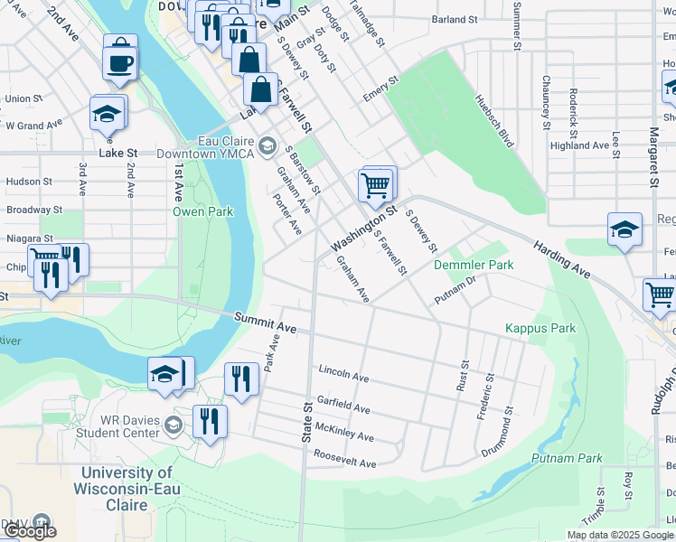 map of restaurants, bars, coffee shops, grocery stores, and more near 111 Washington Street in Eau Claire