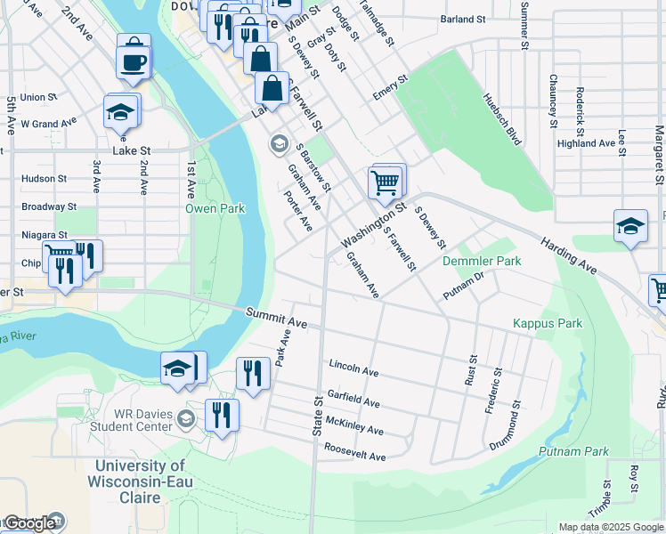 map of restaurants, bars, coffee shops, grocery stores, and more near 111 Washington Street in Eau Claire