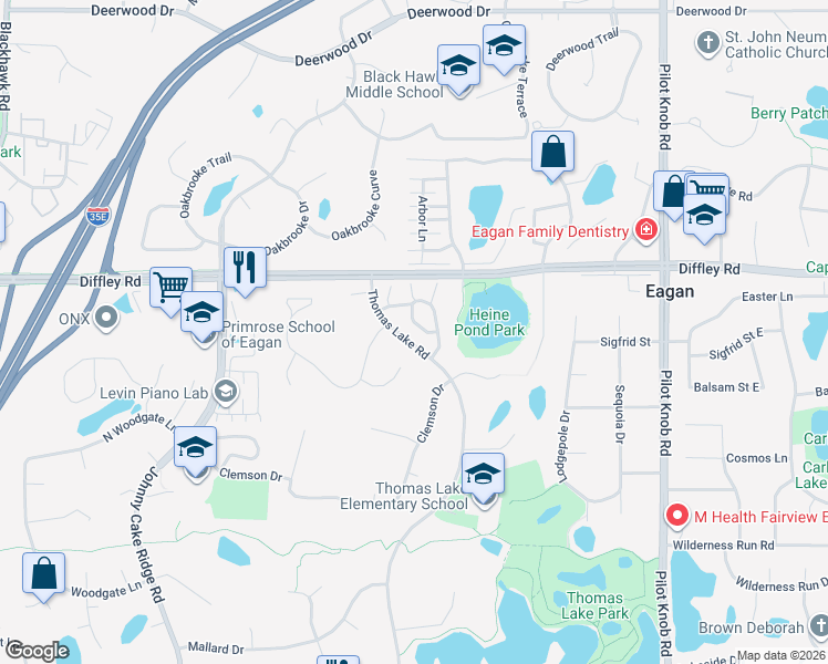 map of restaurants, bars, coffee shops, grocery stores, and more near 4242 Boulder Ridge Point in Eagan