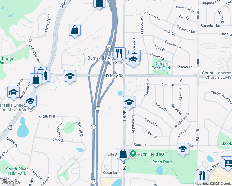 map of restaurants, bars, coffee shops, grocery stores, and more near 4225 Nicols Road in Eagan