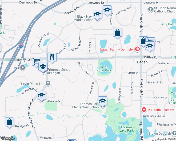 map of restaurants, bars, coffee shops, grocery stores, and more near 4242 Boulder Ridge Point in Eagan