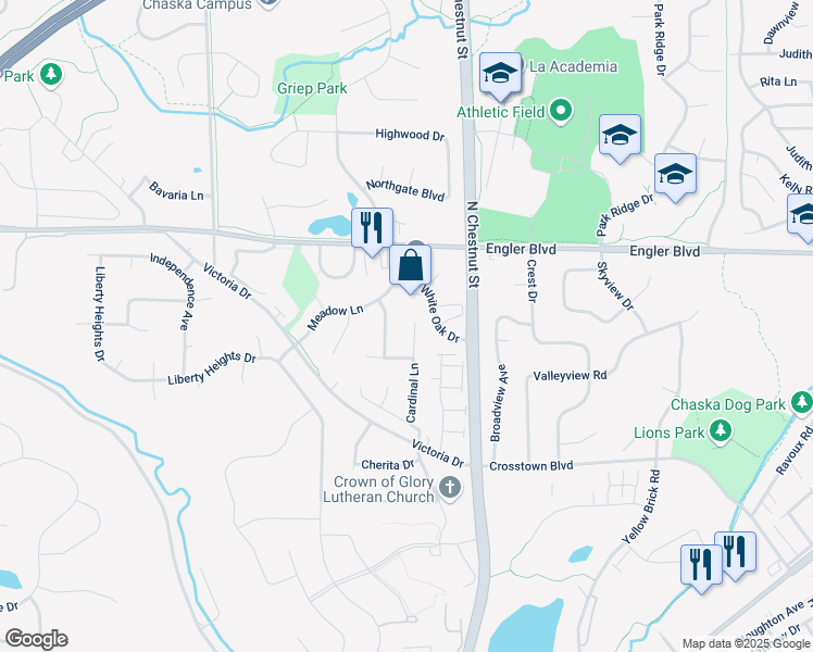 map of restaurants, bars, coffee shops, grocery stores, and more near 1480 Cardinal Cove in Chaska