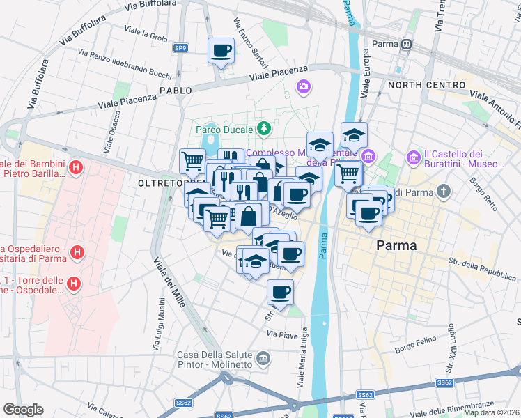 map of restaurants, bars, coffee shops, grocery stores, and more near 3 Vicolo Grossardi in Parma